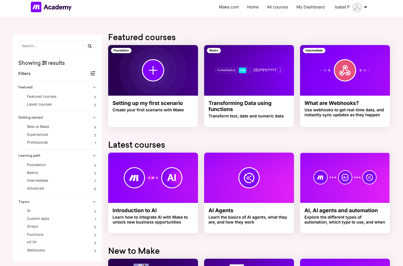 Übersicht make.com Kurse in der make-Academy