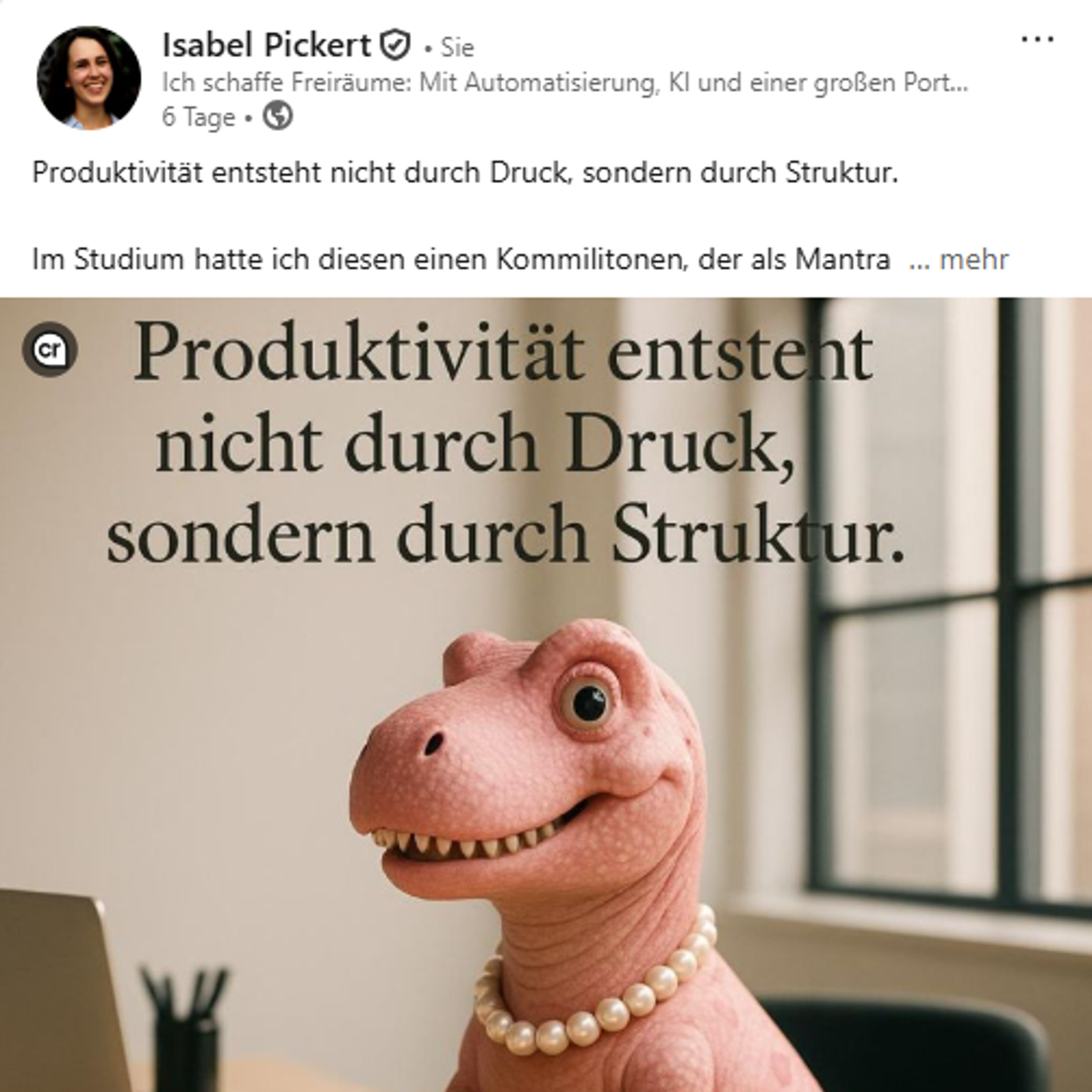 AITO-LinkedIn-Buddy Beispielpost: Text-Post mit KI-generiertem Portrait mit Nano Banana.