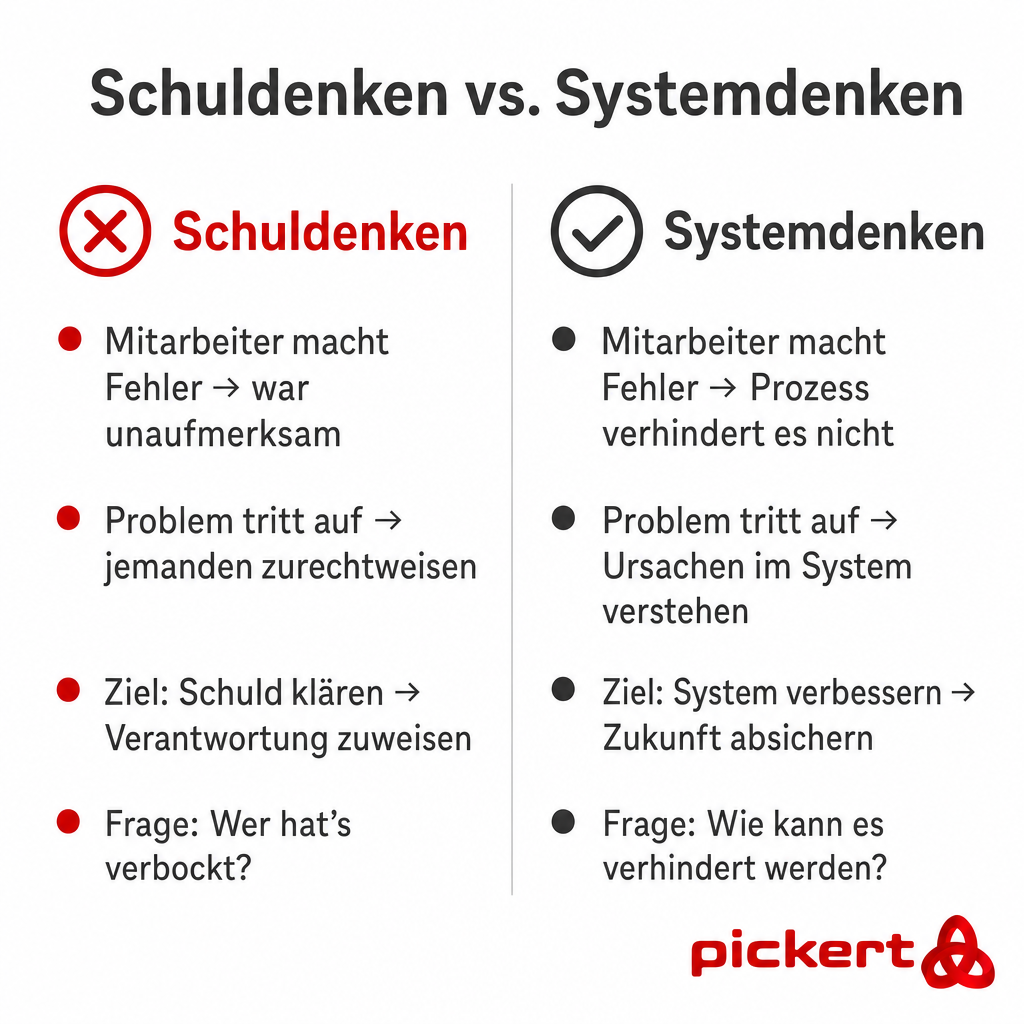Schulddenken vs. Systemdenken - Vergelichsgrafik warum Prozesse das Problem sind und nicht Menschen