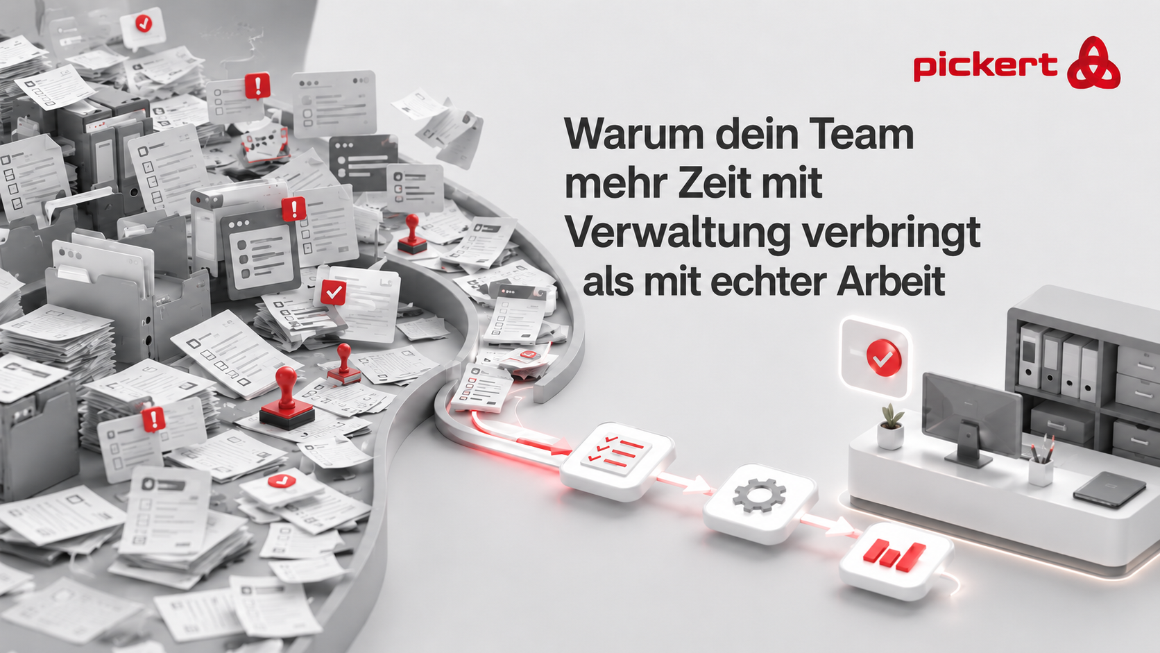 Warum dein Team mehr Zeit mit Verwaltung verbringt als mit echter Arbeit Illustration: Chaos aus Dokumenten und Aufgaben links, strukturierter Arbeitsplatz rechts – Pickert Blog Header