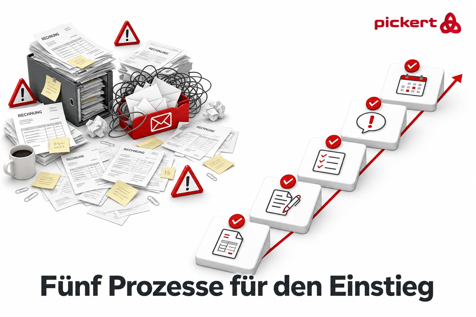 Fünf Prozesse für den Einstieg Isometrische Illustration: links ein Chaos aus Rechnungen und E-Mails, rechts eine Treppe aus fünf Karten mit Prozess-Icons