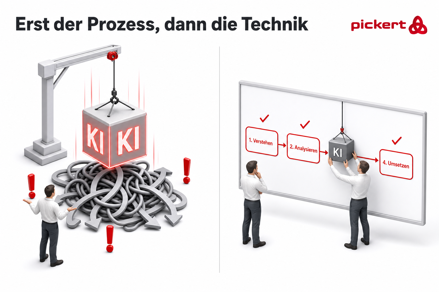 Isometrische Grafik zum Prinzip erst der Prozess, dann die Technik: links wird KI auf ein Chaos aus Prozesspfeilen gesetzt, rechts wird der Prozess zuerst am Whiteboard geklaert