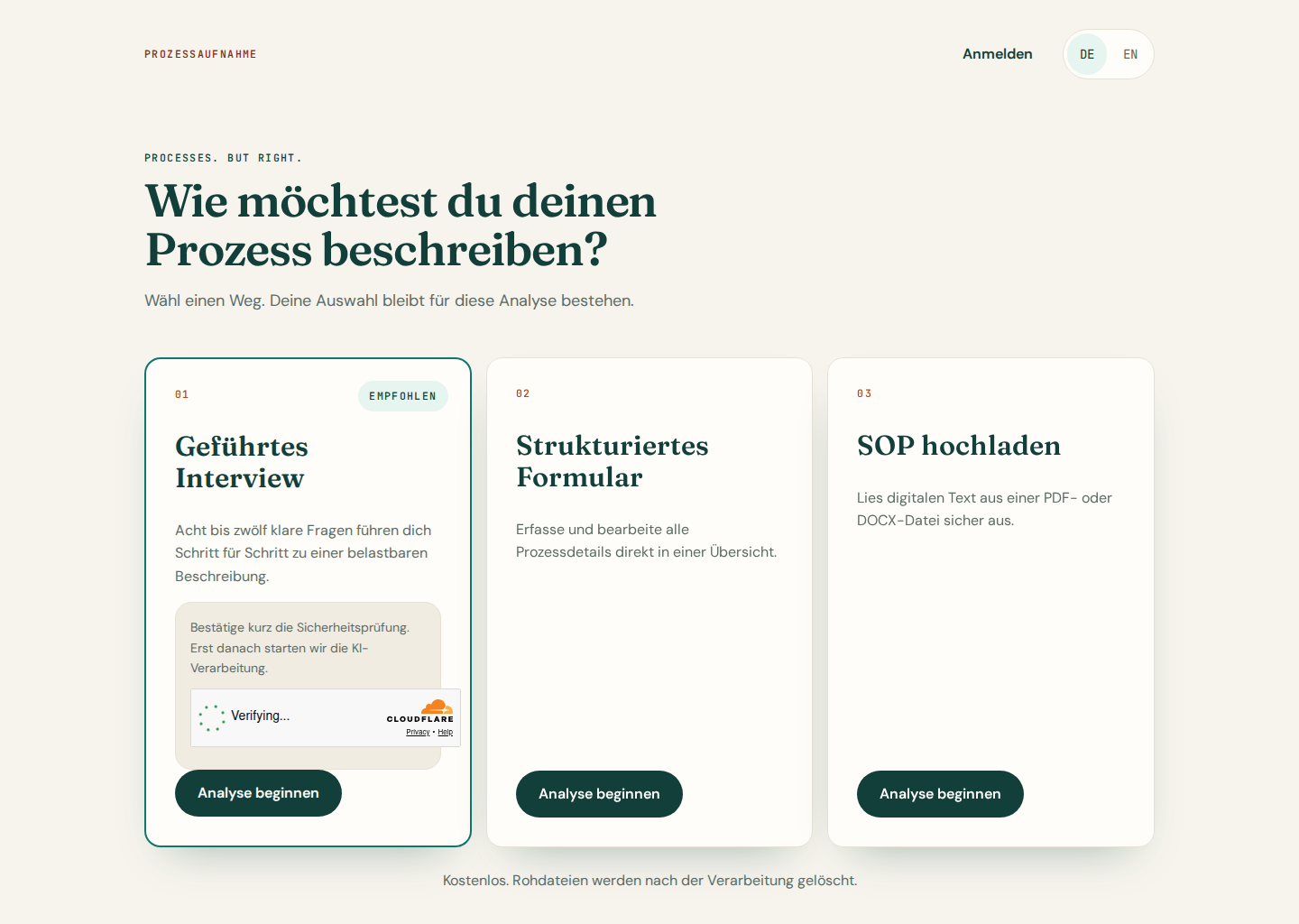 KI-Prozessanalyse Tool: geführtes Interview, Formular oder SOP-Upload wählen