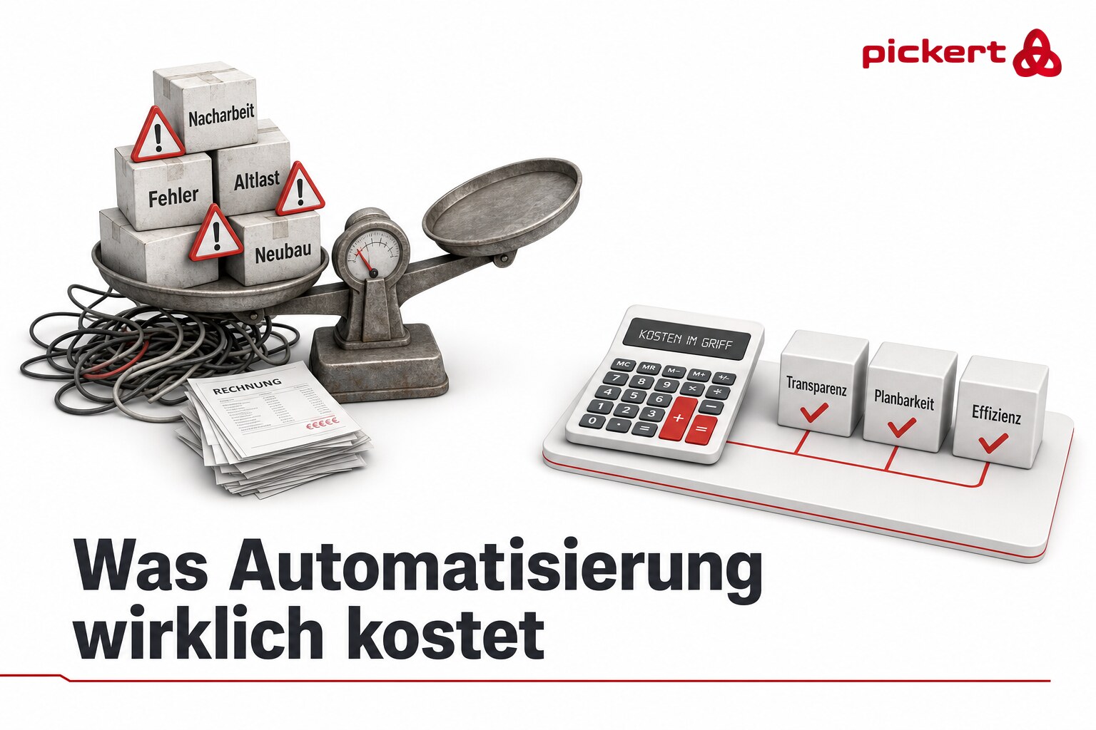 Was Automatisierung wirklich kostet Isometrische Illustration: links eine Waage mit Kostenposten Nacharbeit, Fehler, Altlast und Neubau, rechts ein Taschenrechner mit klarer Kostenrechnung