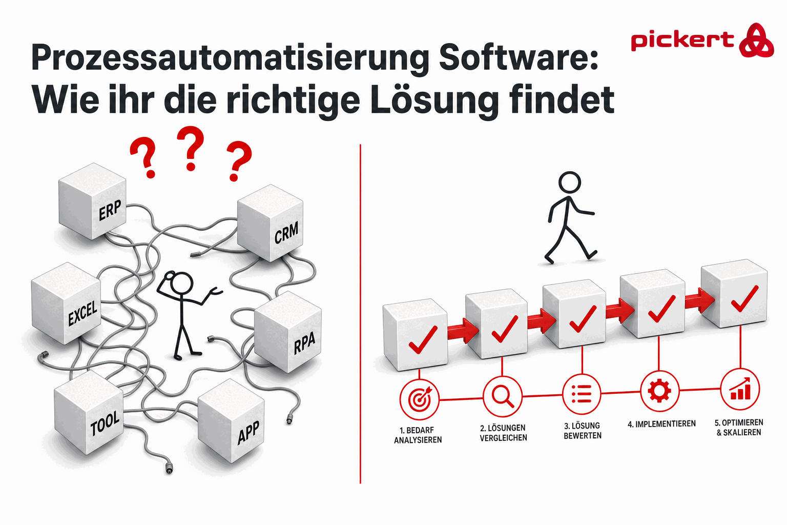 Prozessautomatisierung Software: links unverbundene Einzeltools mit Fragezeichen, rechts ein klar strukturierter Auswahlprozess in fuenf Schritten