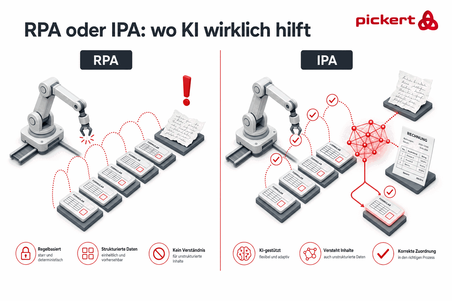 Vergleich RPA und IPA: regelbasierte Roboter-Automatisierung gegenueber intelligenter Prozessautomatisierung mit KI fuer unstrukturierte Dokumente