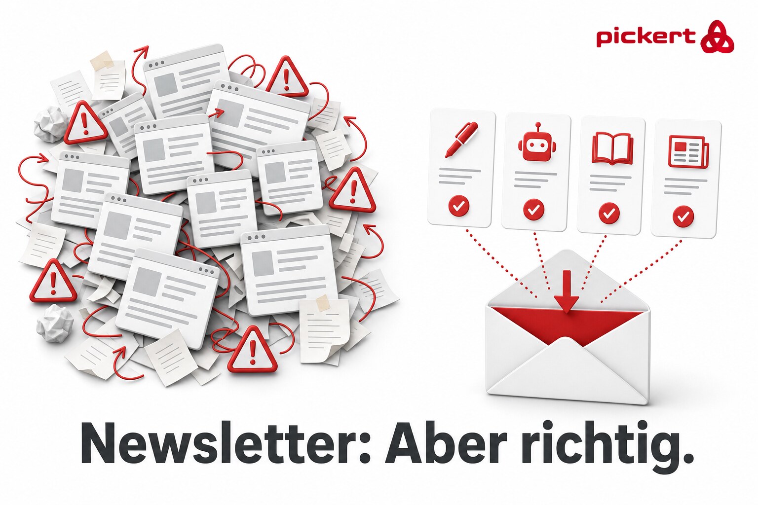 Isometrische Illustration: links ein Berg aus Browserfenstern und Warnzeichen, rechts ein geordneter Umschlag mit vier Rubrikkarten für den Newsletter Aber richtig.